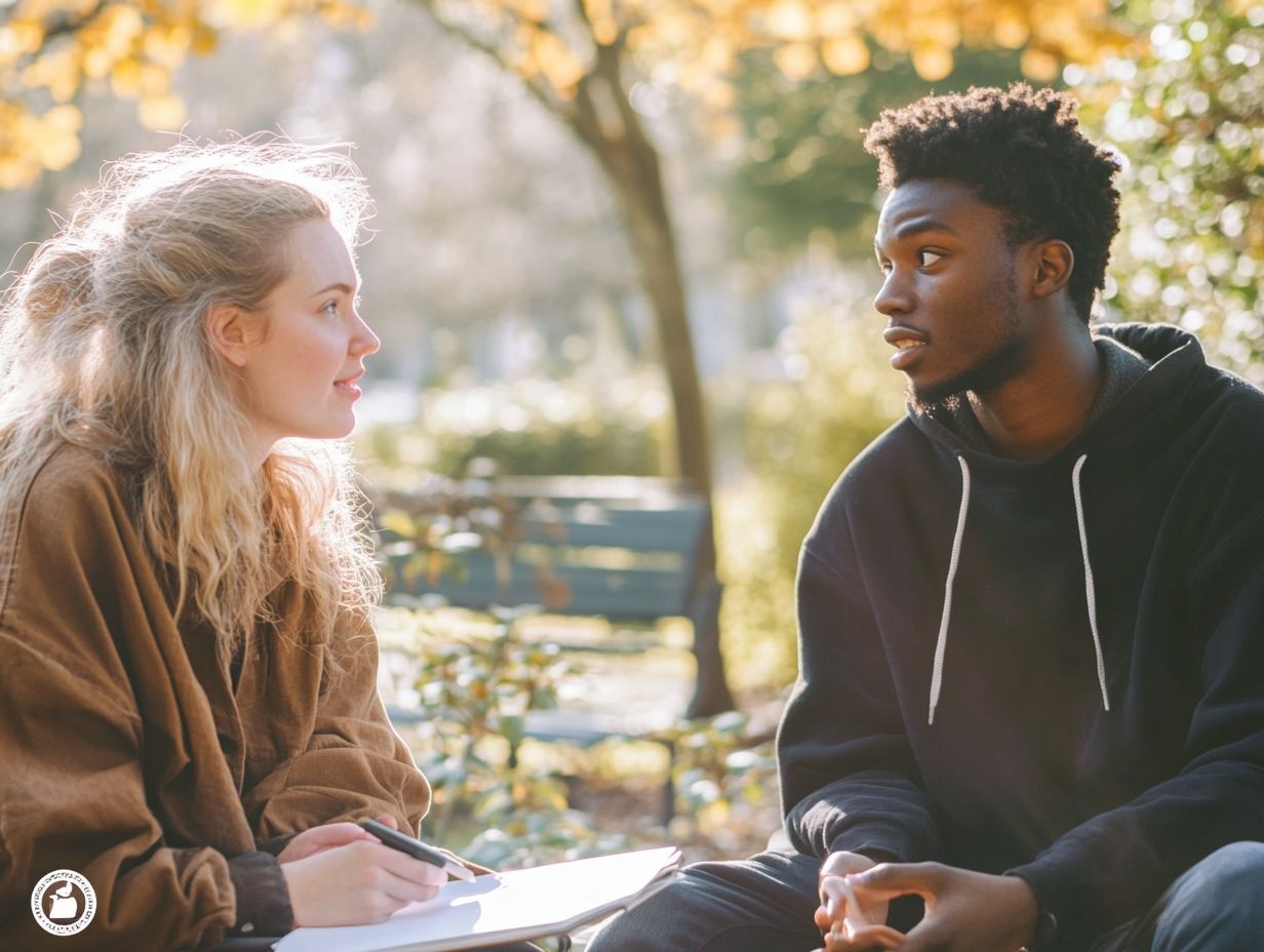 A person engaging in a conversation, demonstrating mindfulness by maintaining eye contact and active listening.