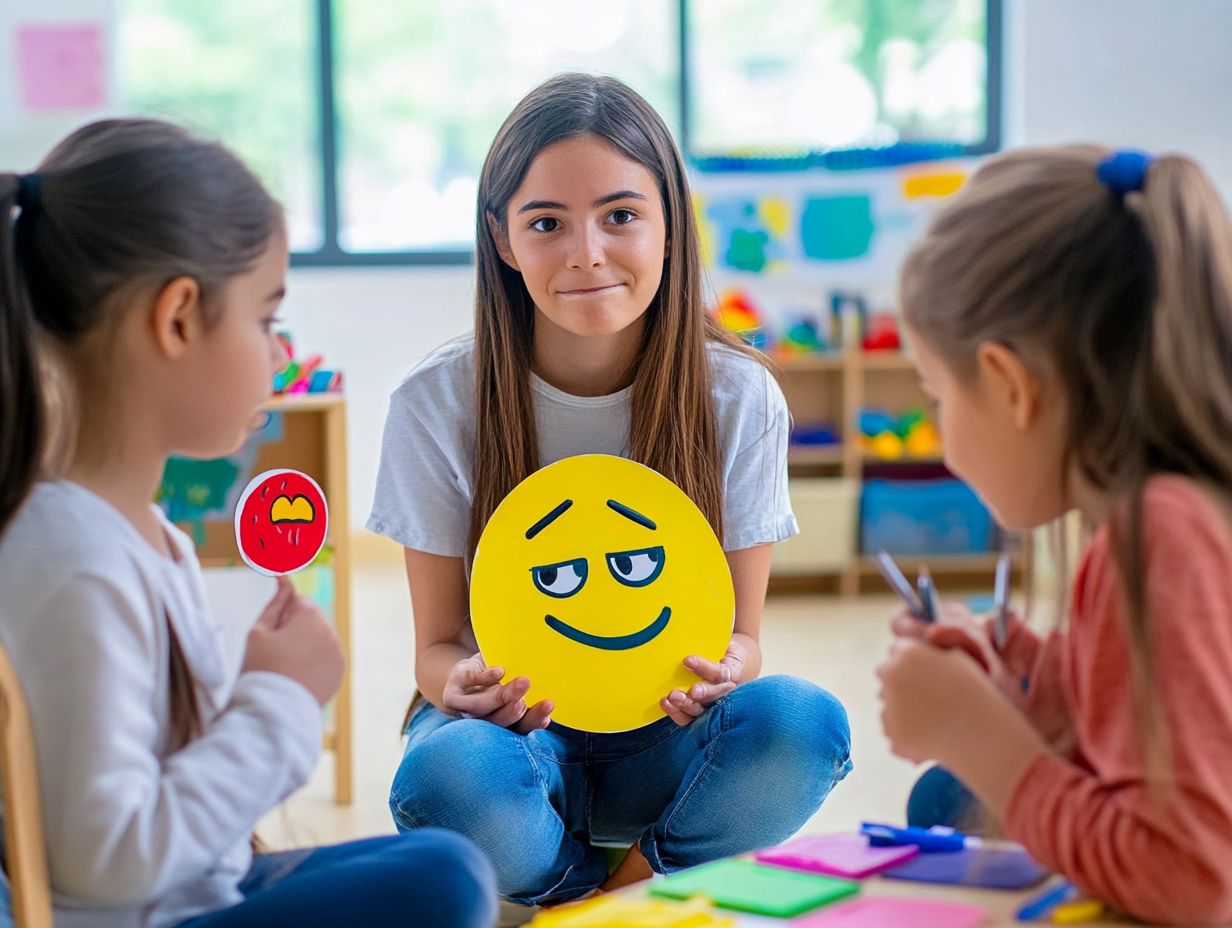 Illustration showing parents helping children express their feelings.