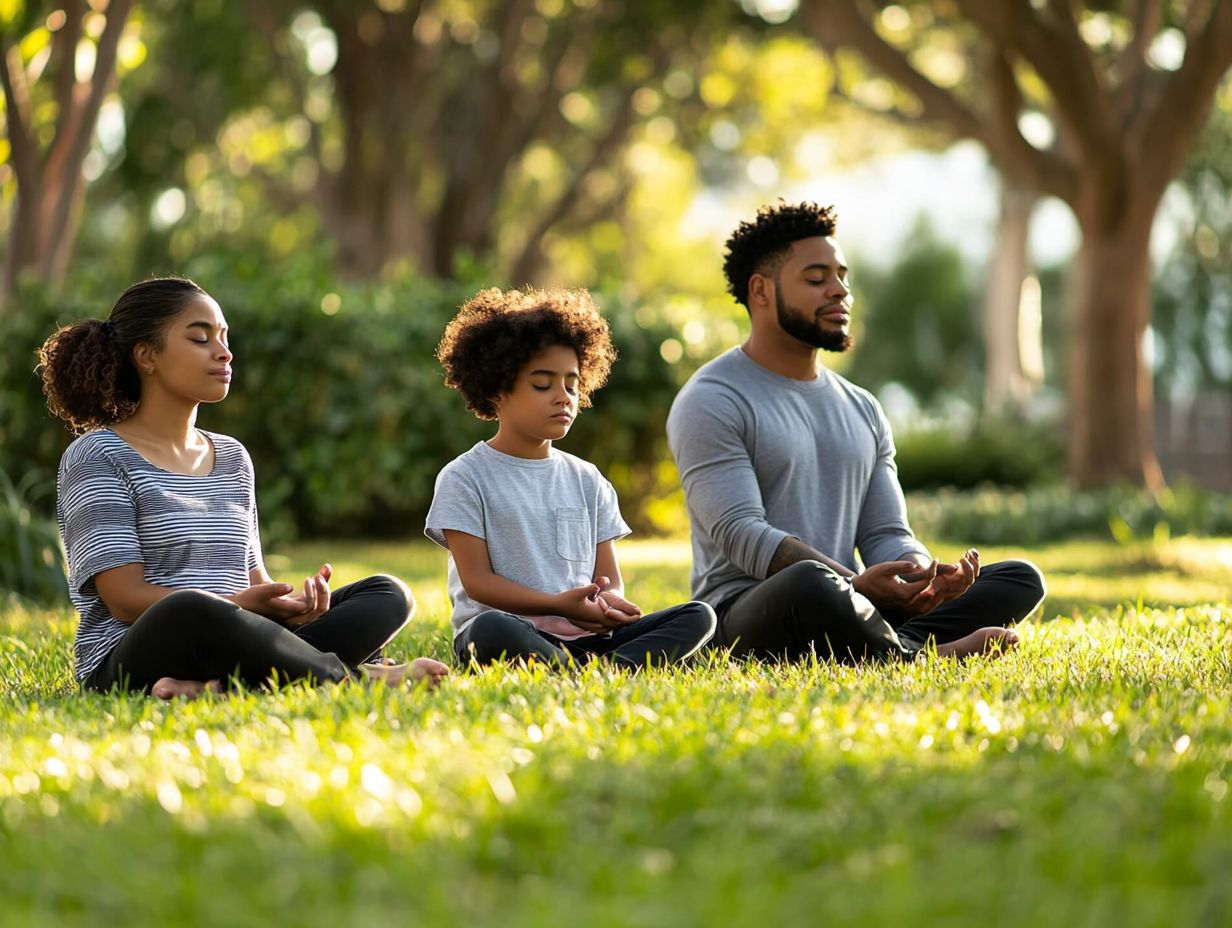 Family engaging in mindfulness activities together in nature.