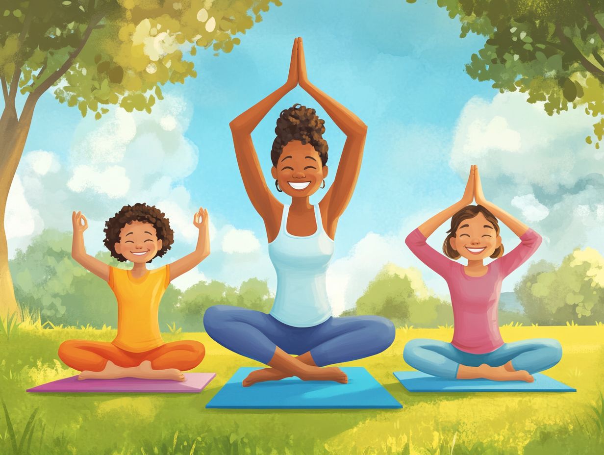 Family practicing breathing exercises in yoga class